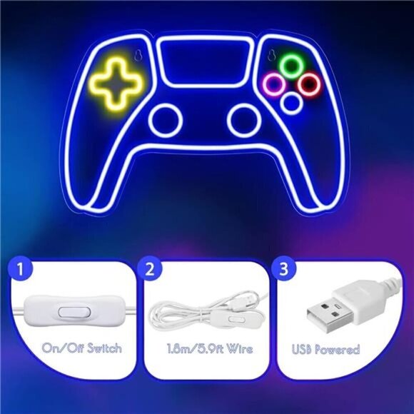 Gamer Neon LED Sign Game Controller Room Decor Gaming Console System Retro Blue - Picture 4 of 8